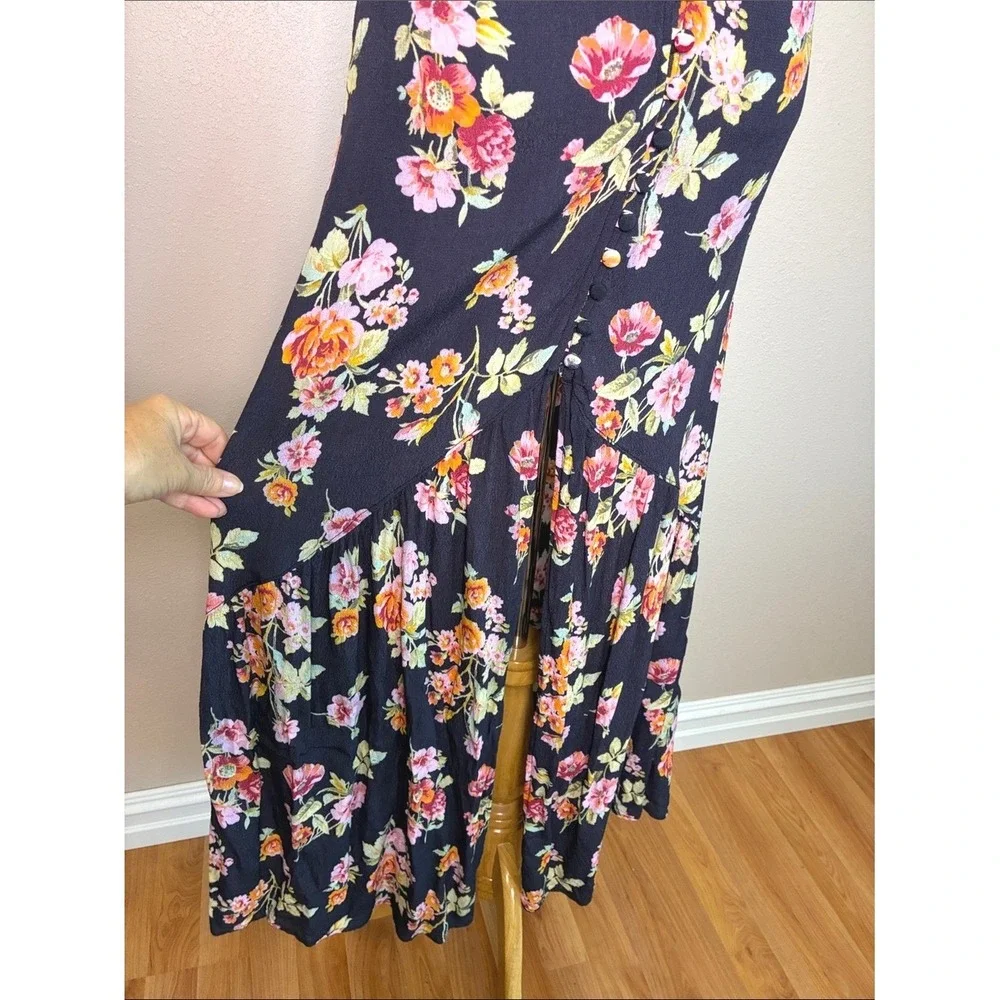 FLINN SKYE Small Black Floral Spaghetti Strap Hi Low Dress Y2K Button‎ Front USA